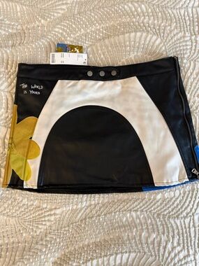 NWT Statement Colorblock Leather Mini Skirt with Floral Accent
